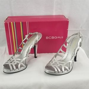 BCBG silver metallic snakeskin heels